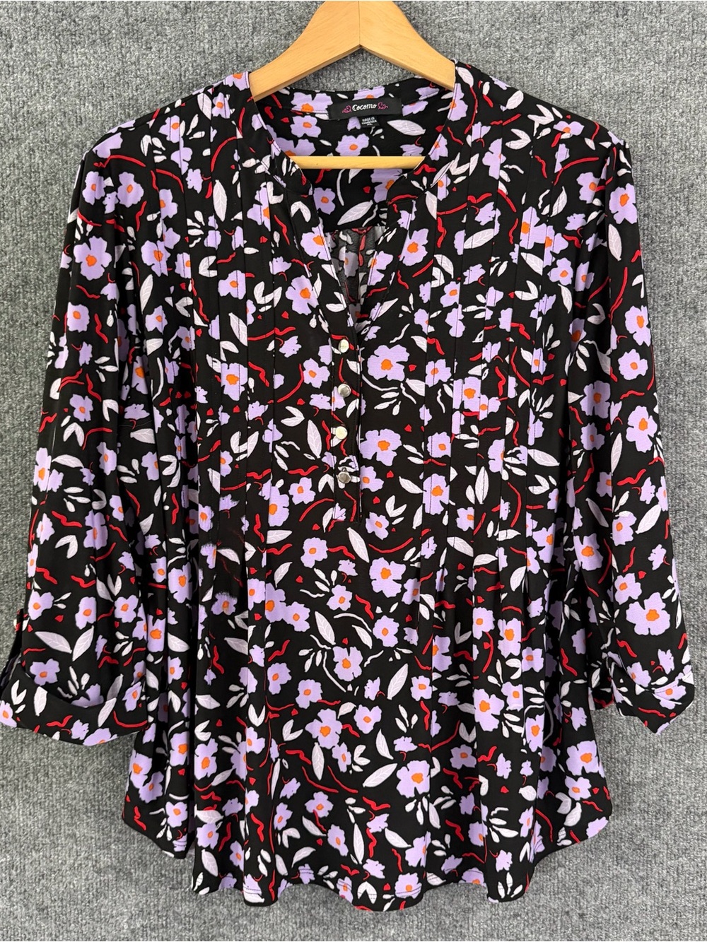 Cocomo Womens 3/4 Roll Tab Sleeve Floral Top V Neck Office Casual Stretch XL